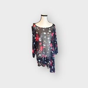 Women’s Airoldi 1X Semi Sheer Asymmetrical Black Red Floral Chiffon Top